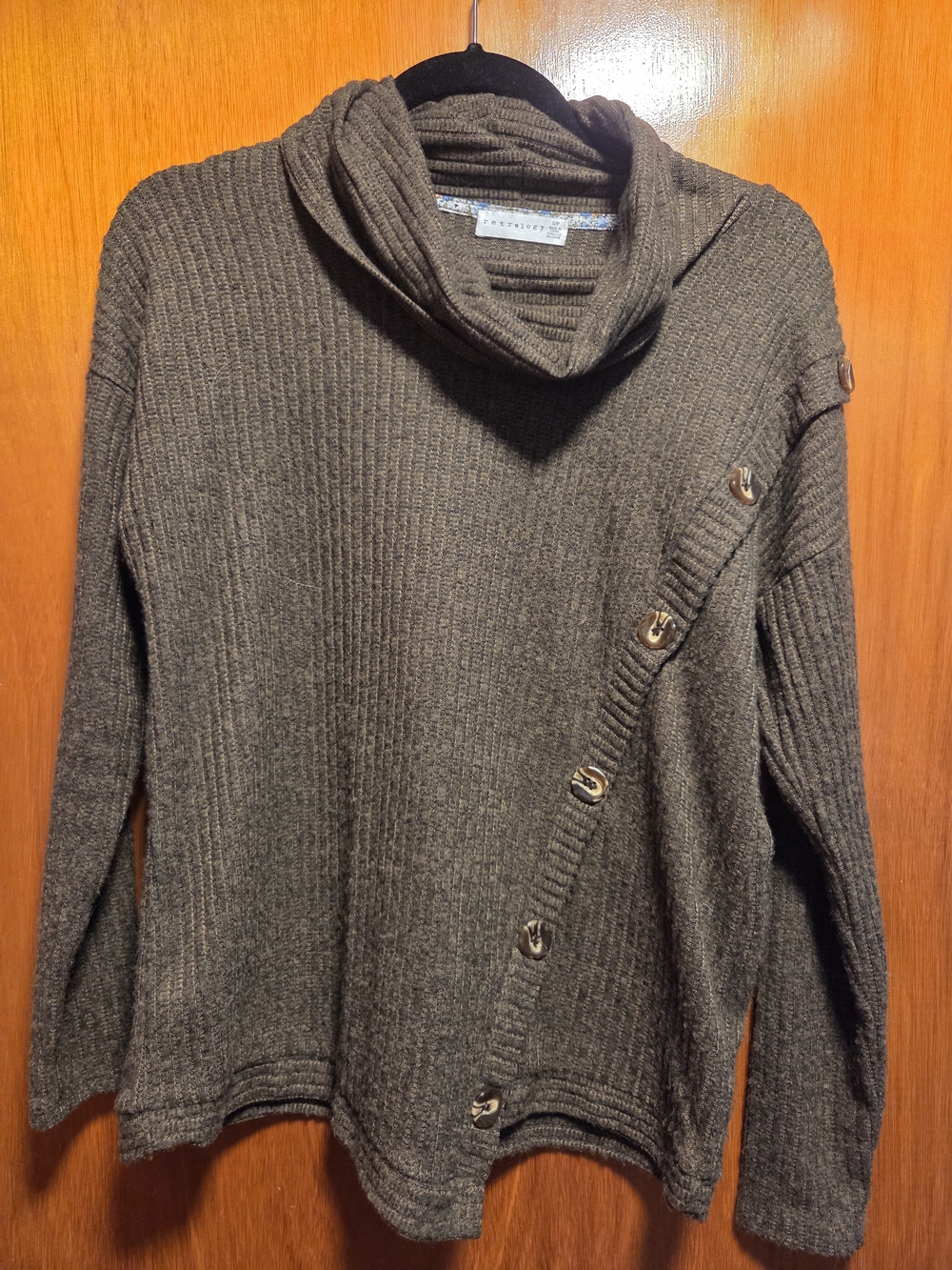 Dark Green Ribbed Button-Accent Cowl Neck Sweater